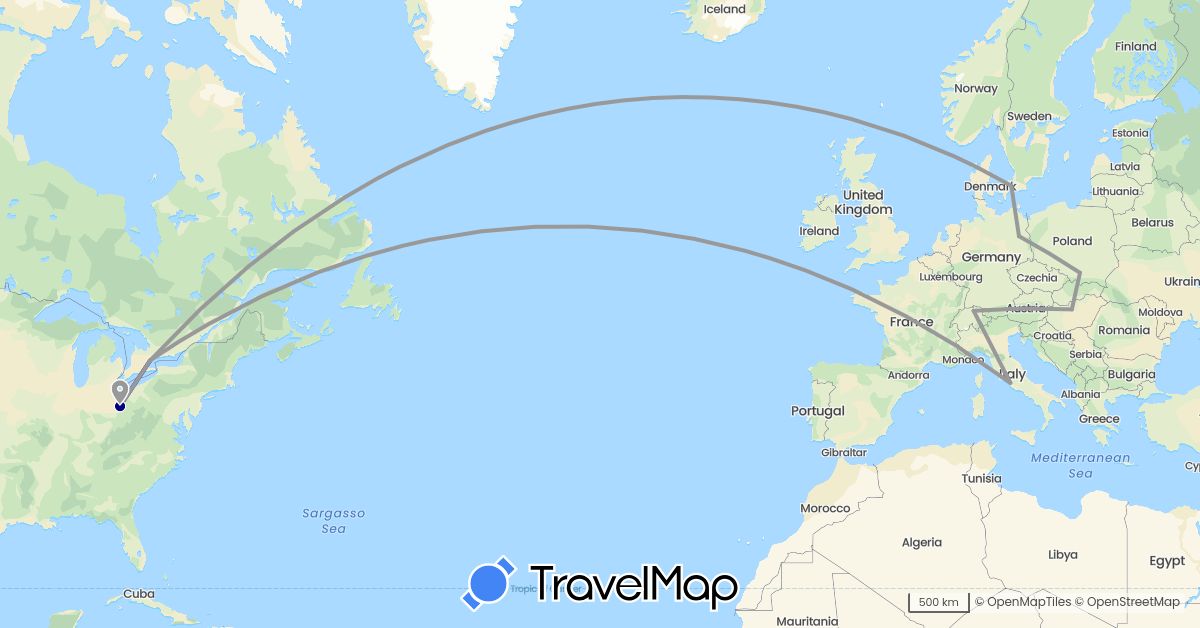 TravelMap itinerary: driving, plane in Canada, Switzerland, Germany, Denmark, Hungary, Italy, Poland, United States (Europe, North America)